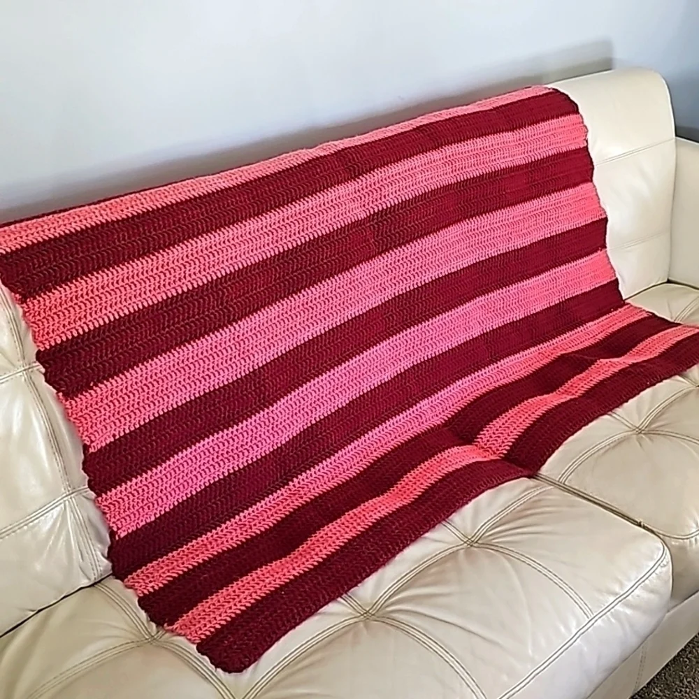 AFGAN, hand-made crochet. Beautifully done. Wine and pink‎ color. Striped.